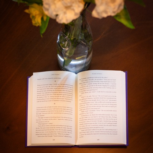 A photo of a printed novel sitting open on a wooden table.