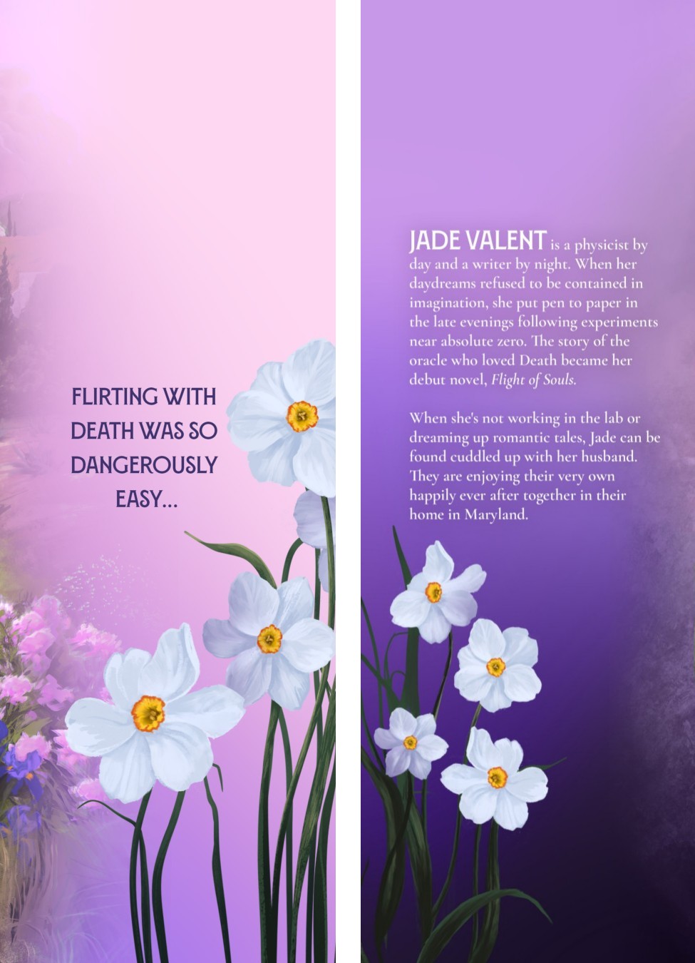 Panels for the front and back flaps of the hardcover dust jacket. The front panel has a short quote from the book, while the back panel has the author biography.