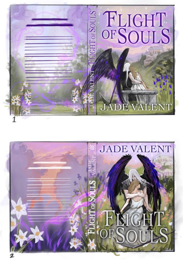 Two initial composition sketches for the book cover, both depicting a human woman alongside a man with black feathered wings. The first sketch shows these characters sitting together, facing away, looking toward a white temple with tall columns. The second sketch shows them in an embrace, both facing the viewer.