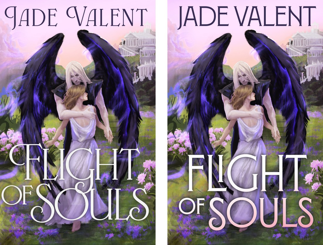 A side by side comparison of the in-progress cover with different typography options.