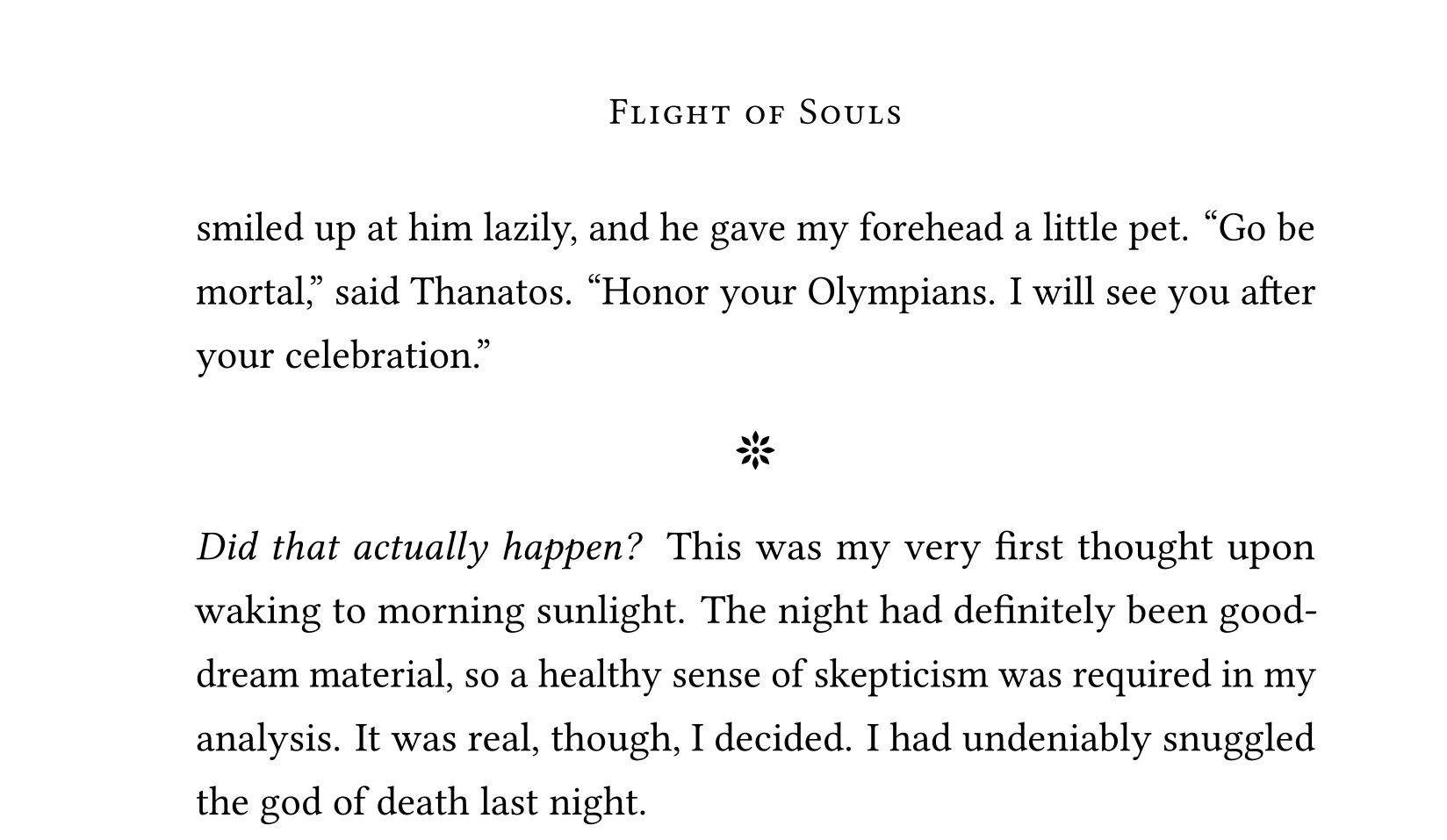 A portion of a typeset page, including the title of the novel as the heading, a paragraph, and a scene break decorated with a stylistic glyph.